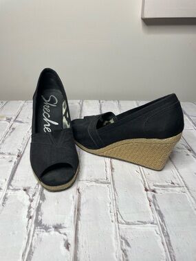 Skechers Black Canvas Peep-Toe Espadrille Wedge with Jute Platform